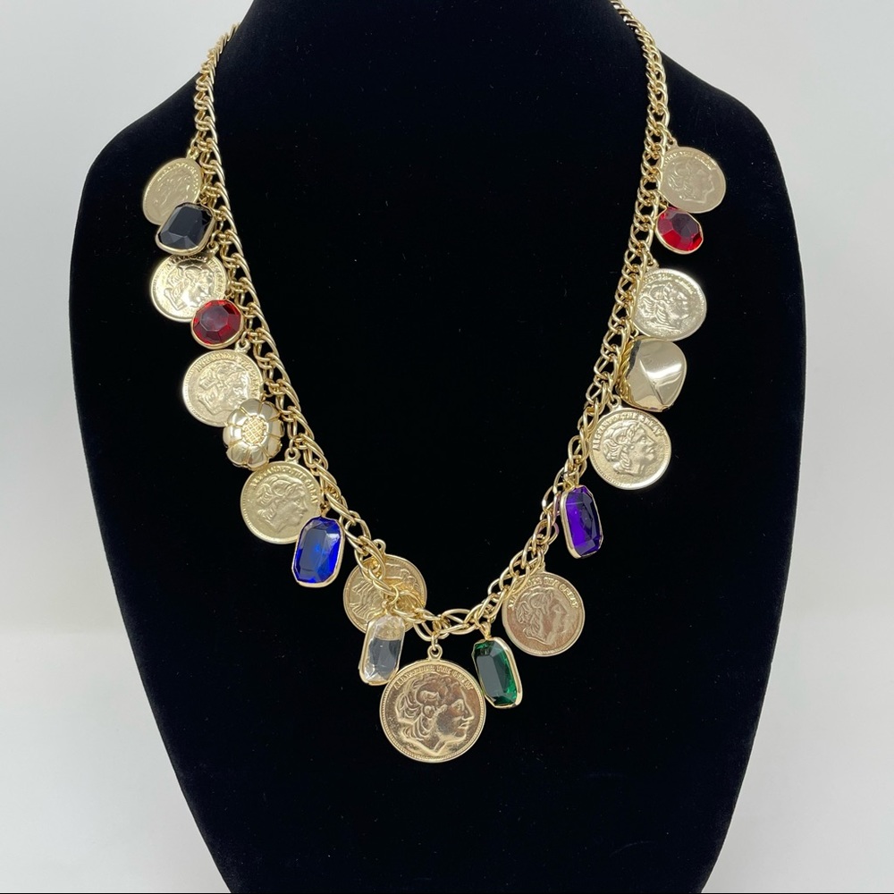 Vintage Gold Tone Chain Coin Drop Alexander The Great, Multi Color Gem Jewels
